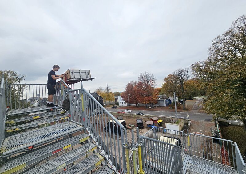 Möbeltransport über eine Gerüsttreppe beim Schulumzug